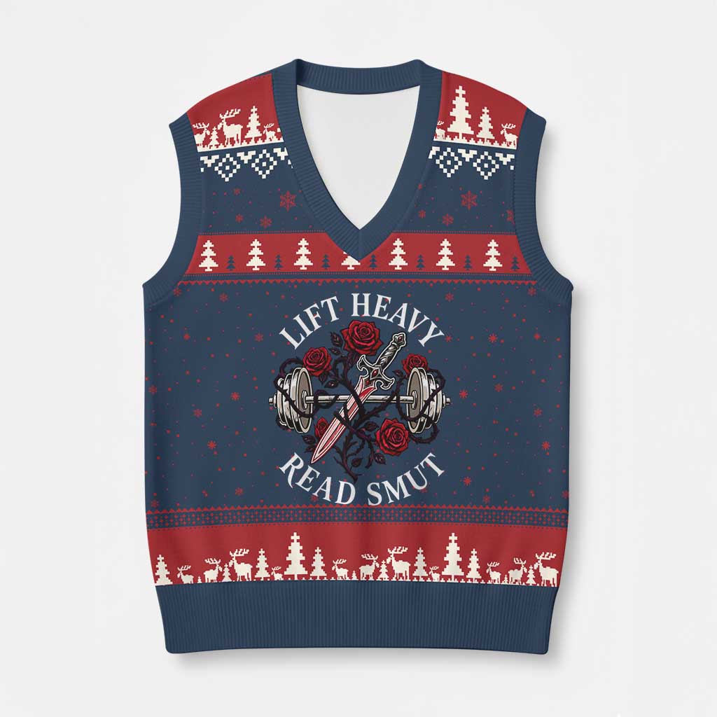 Lift Heavy Read Smut Funny Bookish Fitness V-Neck Knit Sweater Vest Vintage Gothic Dagger Roses Weightlifting Spicy Romance Book Lover TS02 Navy Red Print Your Wear