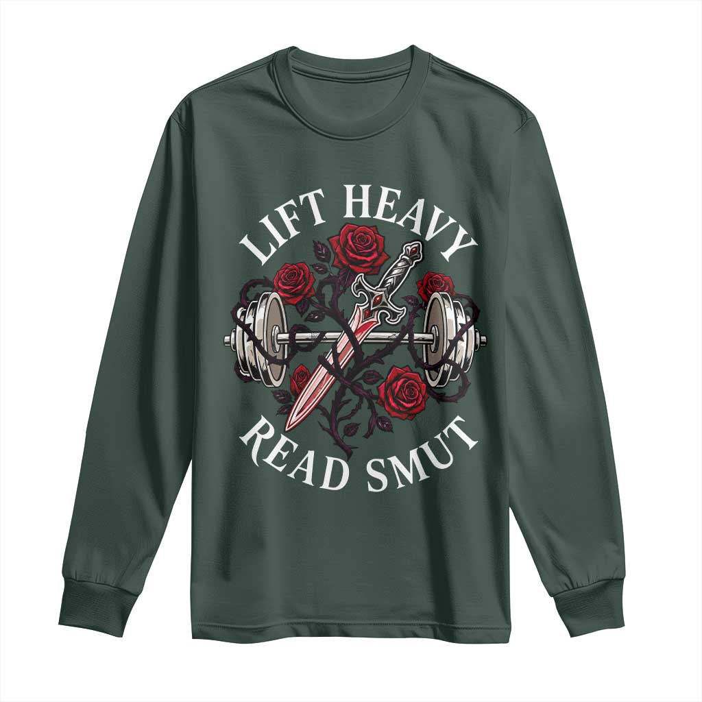 Lift Heavy Read Smut Funny Bookish Fitness Long Sleeve Shirt Vintage Gothic Dagger Roses Weightlifting Spicy Romance Book Lover