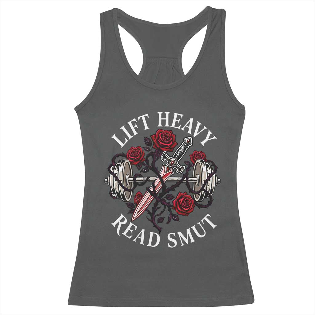 Lift Heavy Read Smut Funny Bookish Fitness Racerback Tank Top Vintage Gothic Dagger Roses Weightlifting Spicy Romance Book Lover