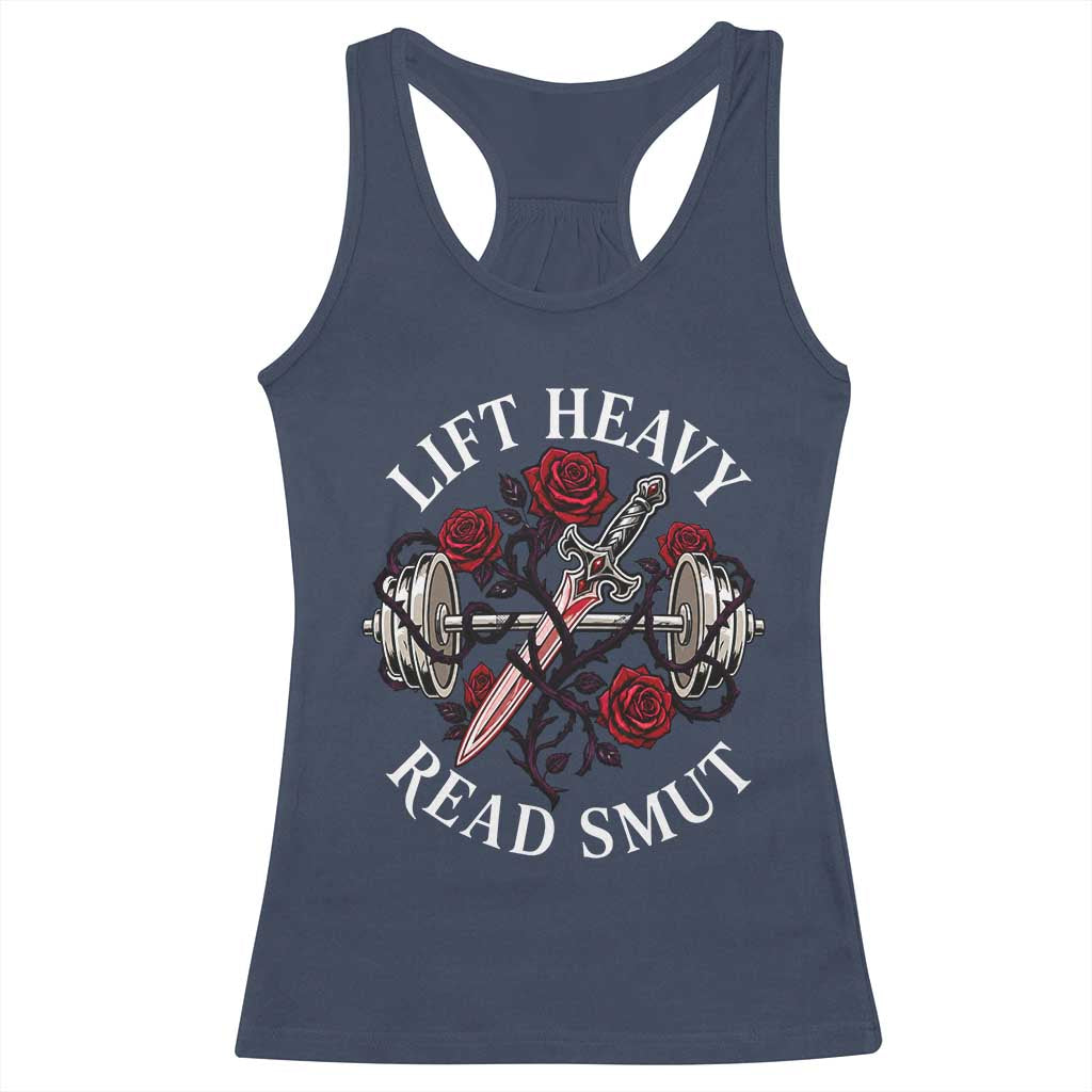 Lift Heavy Read Smut Funny Bookish Fitness Racerback Tank Top Vintage Gothic Dagger Roses Weightlifting Spicy Romance Book Lover