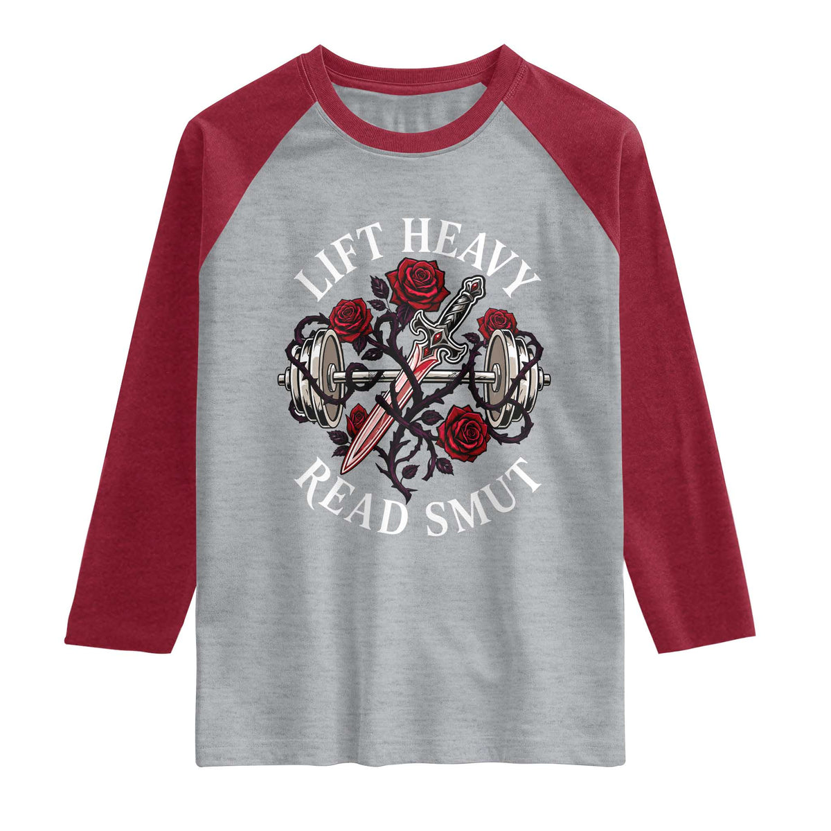 Lift Heavy Read Smut Funny Bookish Fitness Raglan Shirt Vintage Gothic Dagger Roses Weightlifting Spicy Romance Book Lover
