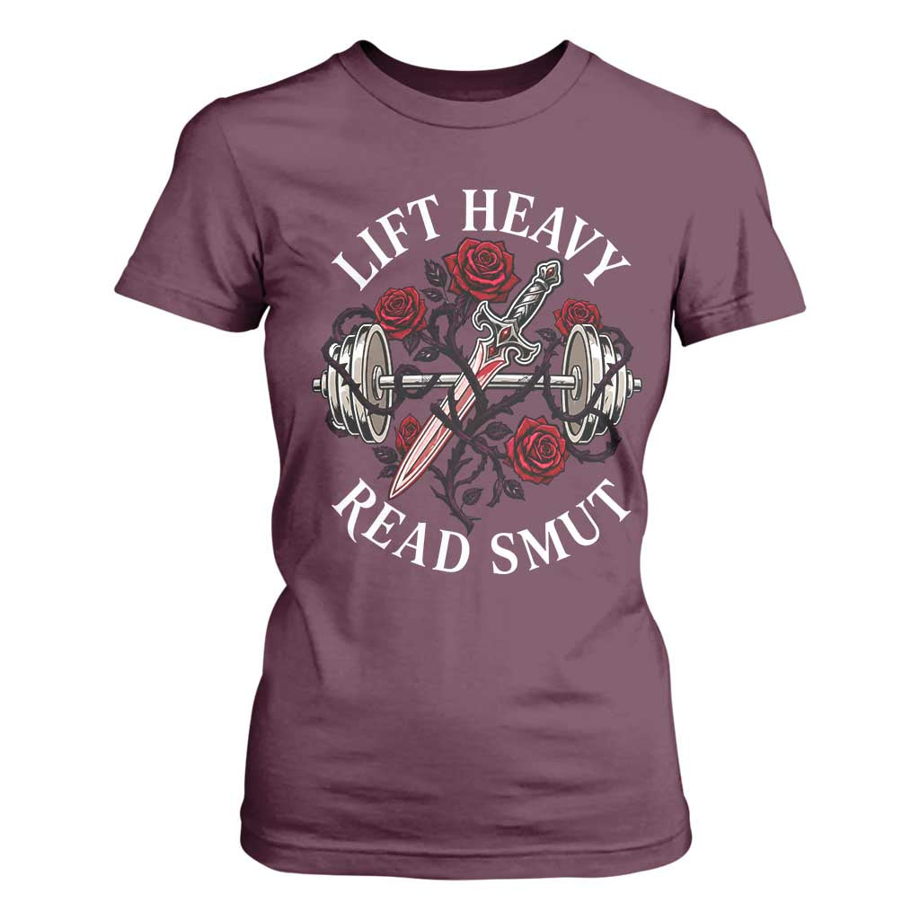 Lift Heavy Read Smut Funny Bookish Fitness T Shirt For Women Vintage Gothic Dagger Roses Weightlifting Spicy Romance Book Lover