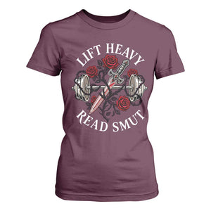 Lift Heavy Read Smut Funny Bookish Fitness T Shirt For Women Vintage Gothic Dagger Roses Weightlifting Spicy Romance Book Lover