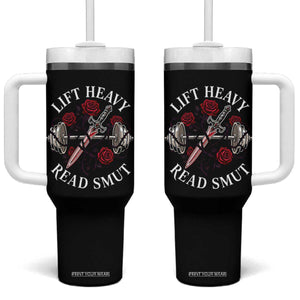 Lift Heavy Read Smut Funny Bookish Fitness Tumbler With Handle Vintage Gothic Dagger Roses Weightlifting Spicy Romance Book Lover