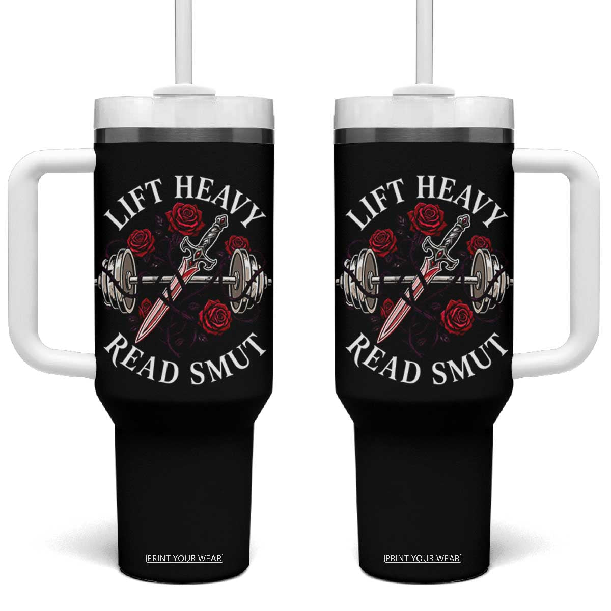 Lift Heavy Read Smut Funny Bookish Fitness Tumbler With Handle Vintage Gothic Dagger Roses Weightlifting Spicy Romance Book Lover TS02 One Size: 40 oz Black Print Your Wear