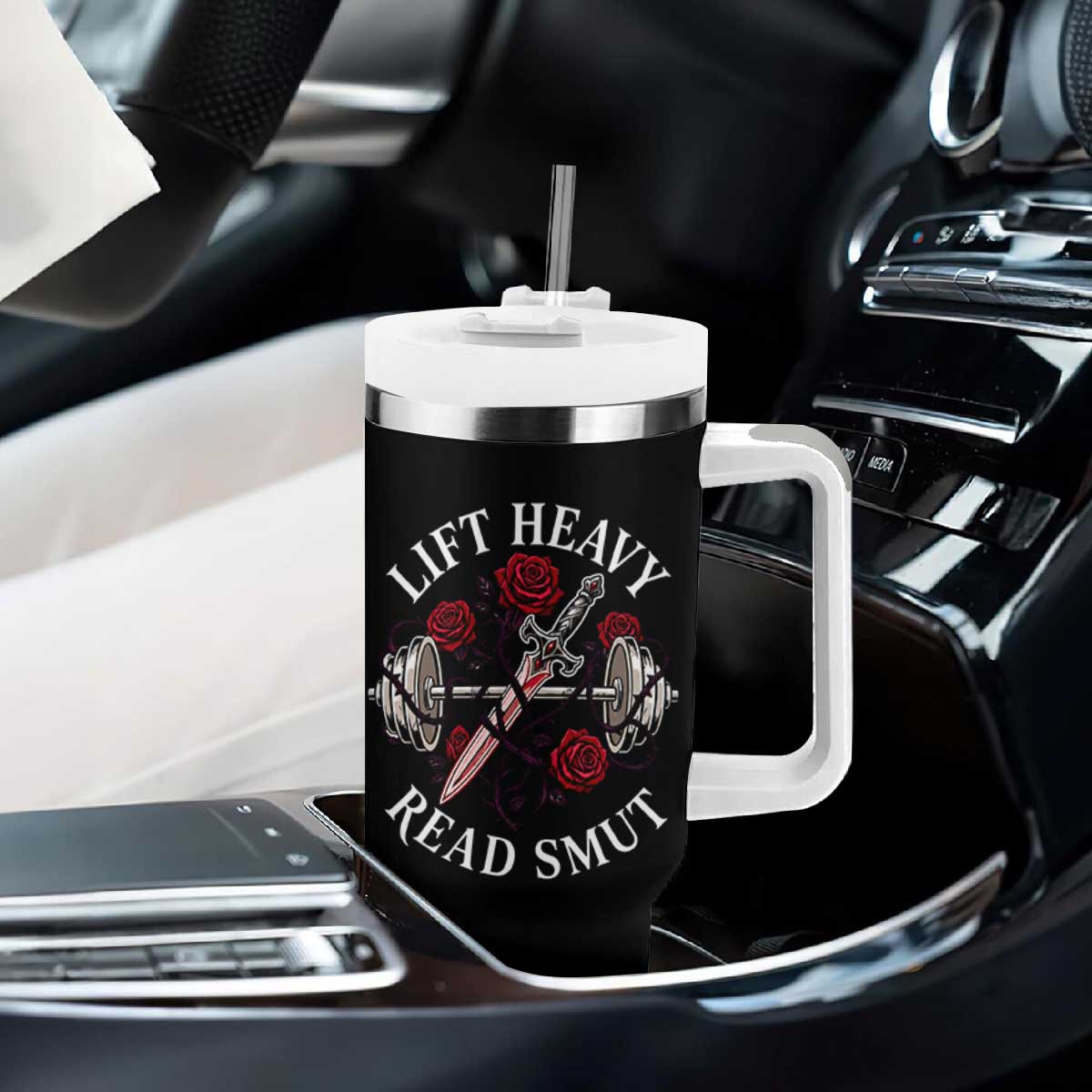 Lift Heavy Read Smut Funny Bookish Fitness Tumbler With Handle Vintage Gothic Dagger Roses Weightlifting Spicy Romance Book Lover