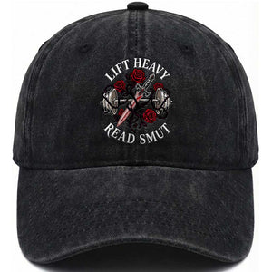 Lift Heavy Read Smut Funny Bookish Fitness Washed Cotton Baseball Cap Vintage Gothic Dagger Roses Weightlifting Spicy Romance Book Lover