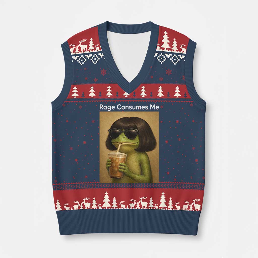 Funny Frog Bob Haircut Rage Consumes Me V-Neck Knit Sweater Vest Renaissance Painting Meme