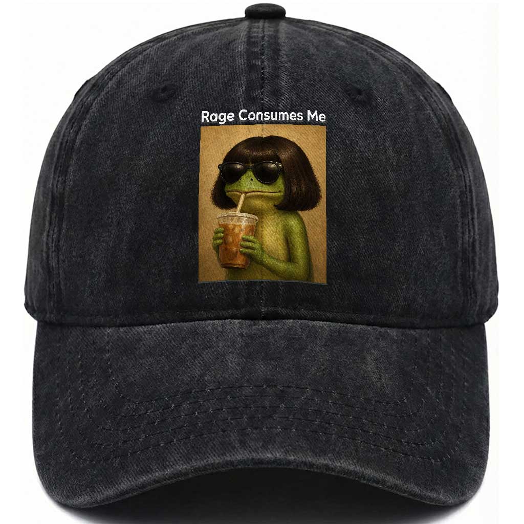 Funny Frog Bob Haircut Rage Consumes Me Washed Cotton Baseball Cap Renaissance Painting Meme TS02 Print Your Wear