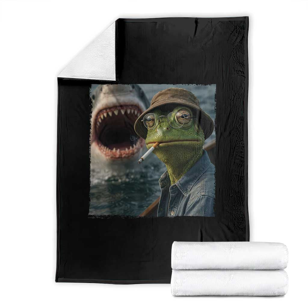 Unbothered Frog Smoking Cigarette Meme Throw Blanket Cinematic Shark Attack Calmness Graphic Dark Humor TS02 Black Print Your Wear
