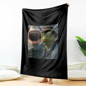 Unbothered Frog Smoking Cigarette Meme Throw Blanket Cinematic Shark Attack Calmness Graphic Dark Humor