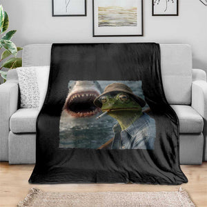 Unbothered Frog Smoking Cigarette Meme Throw Blanket Cinematic Shark Attack Calmness Graphic Dark Humor