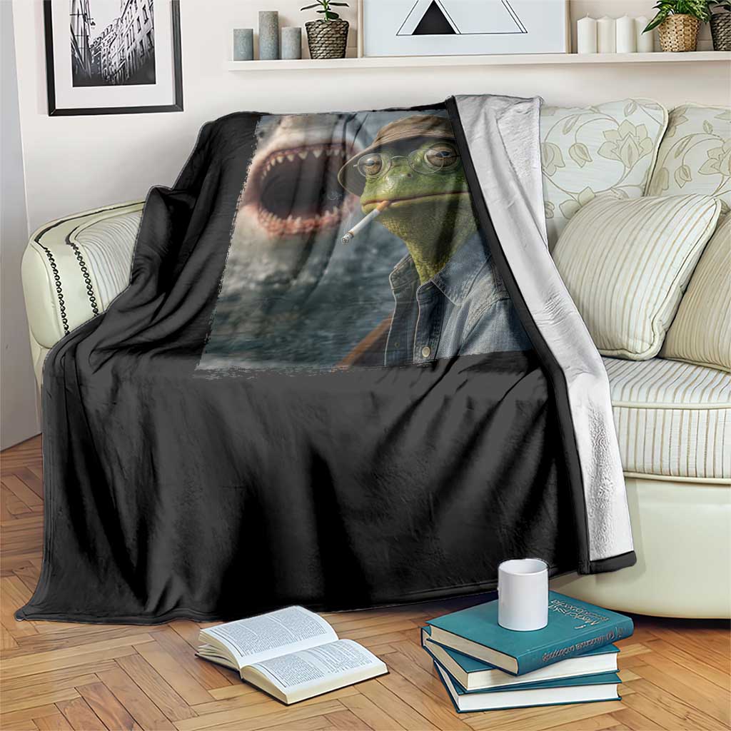 Unbothered Frog Smoking Cigarette Meme Throw Blanket Cinematic Shark Attack Calmness Graphic Dark Humor