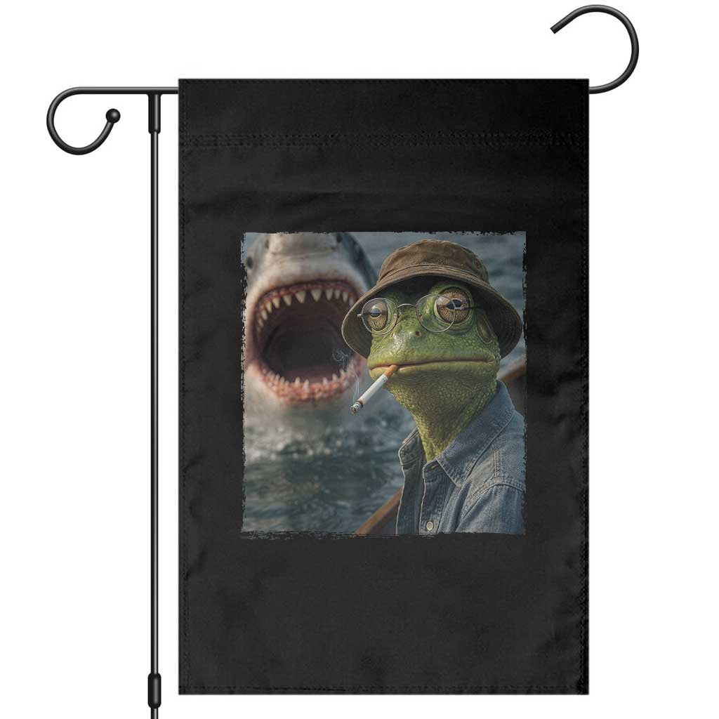 Unbothered Frog Smoking Cigarette Meme Garden Flag Cinematic Shark Attack Calmness Graphic Dark Humor TS02 Black Print Your Wear