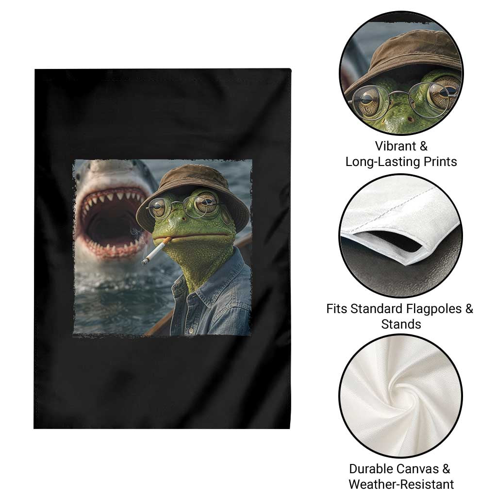 Unbothered Frog Smoking Cigarette Meme Garden Flag Cinematic Shark Attack Calmness Graphic Dark Humor