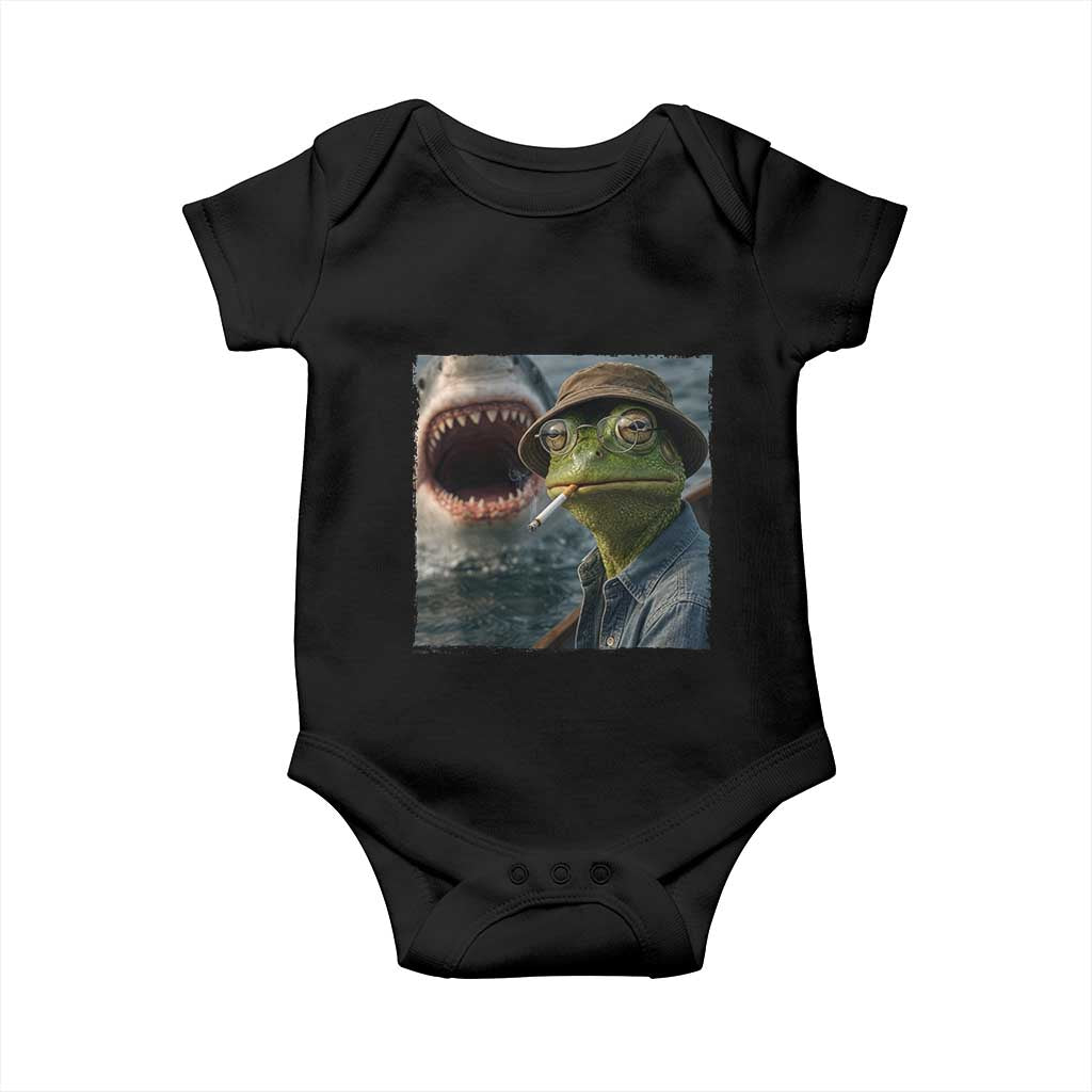 Unbothered Frog Smoking Cigarette Meme Baby Onesie Cinematic Shark Attack Calmness Graphic Dark Humor TS02 Black Print Your Wear