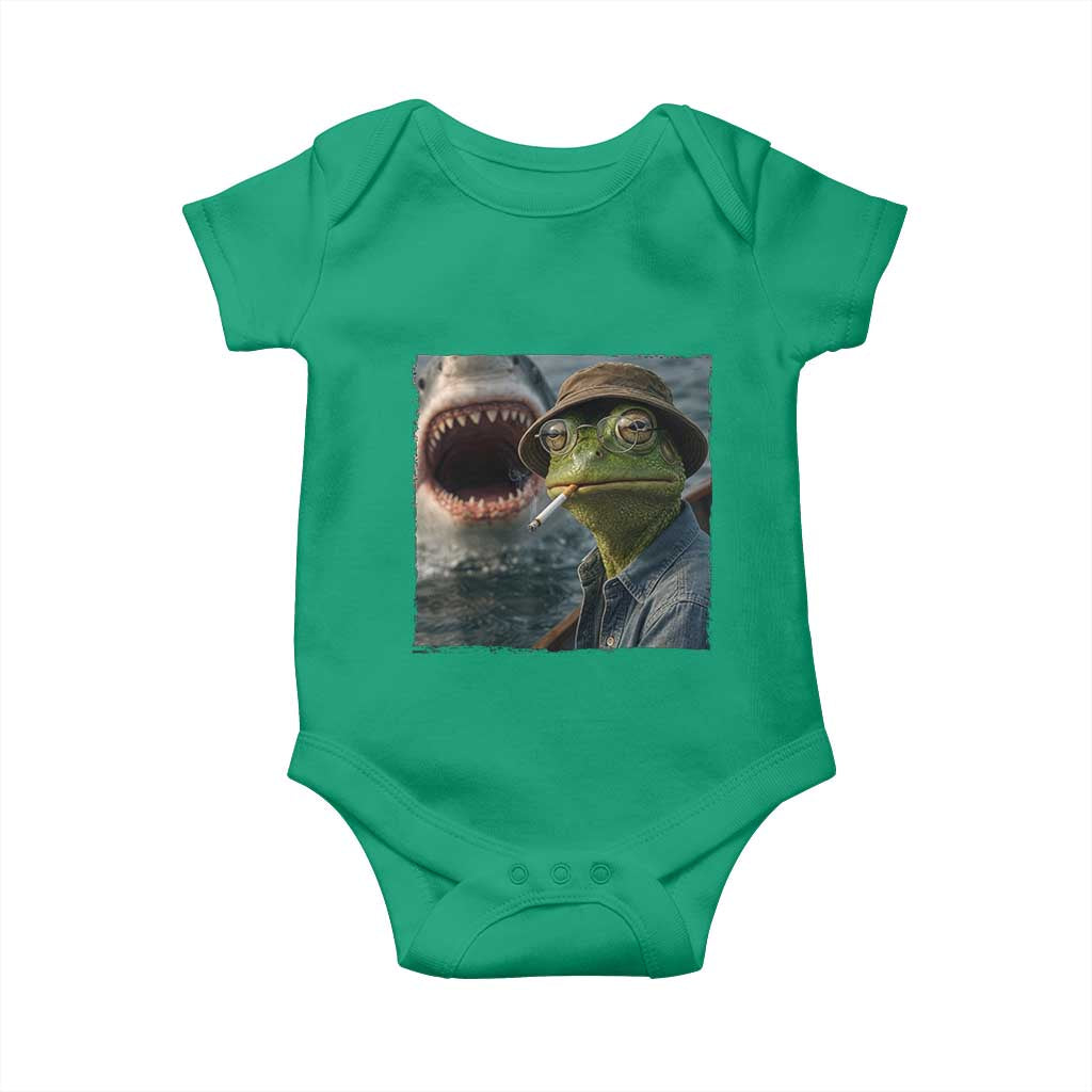 Unbothered Frog Smoking Cigarette Meme Baby Onesie Cinematic Shark Attack Calmness Graphic Dark Humor