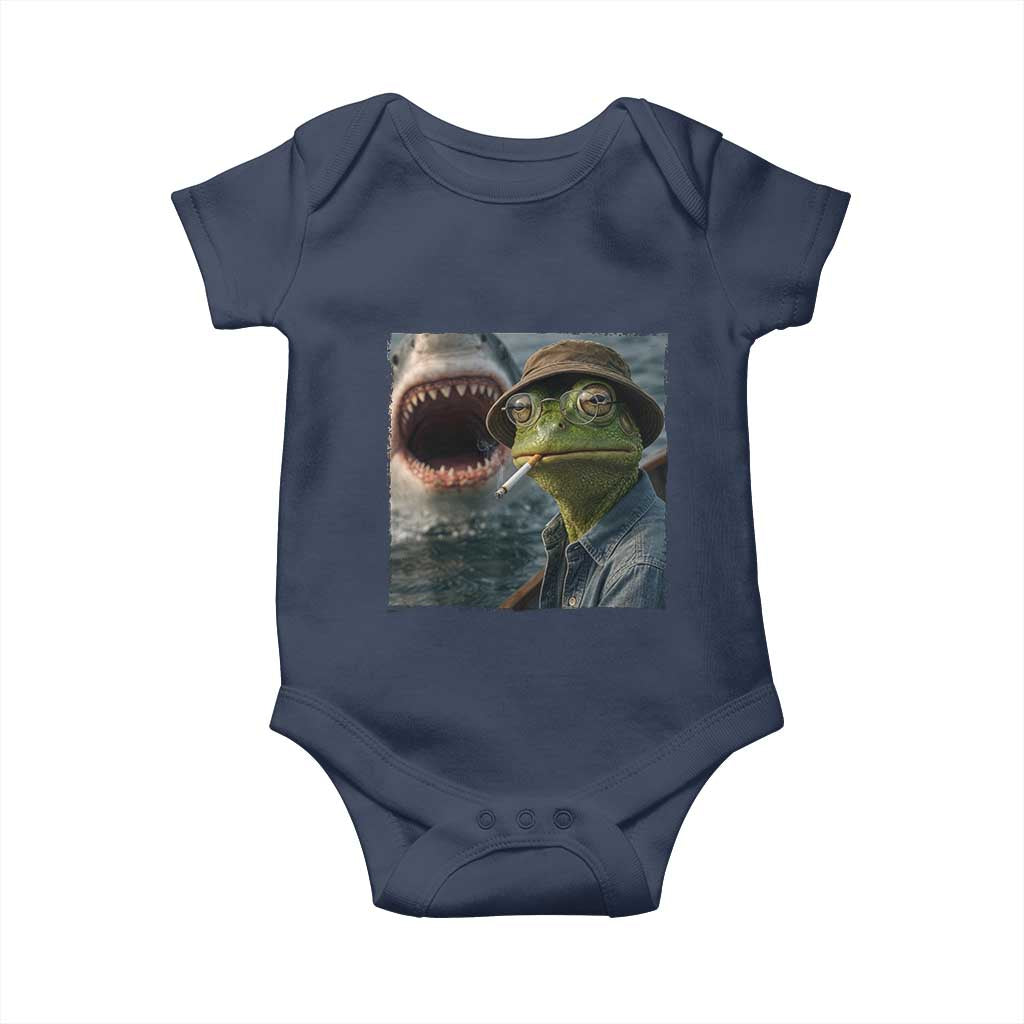 Unbothered Frog Smoking Cigarette Meme Baby Onesie Cinematic Shark Attack Calmness Graphic Dark Humor
