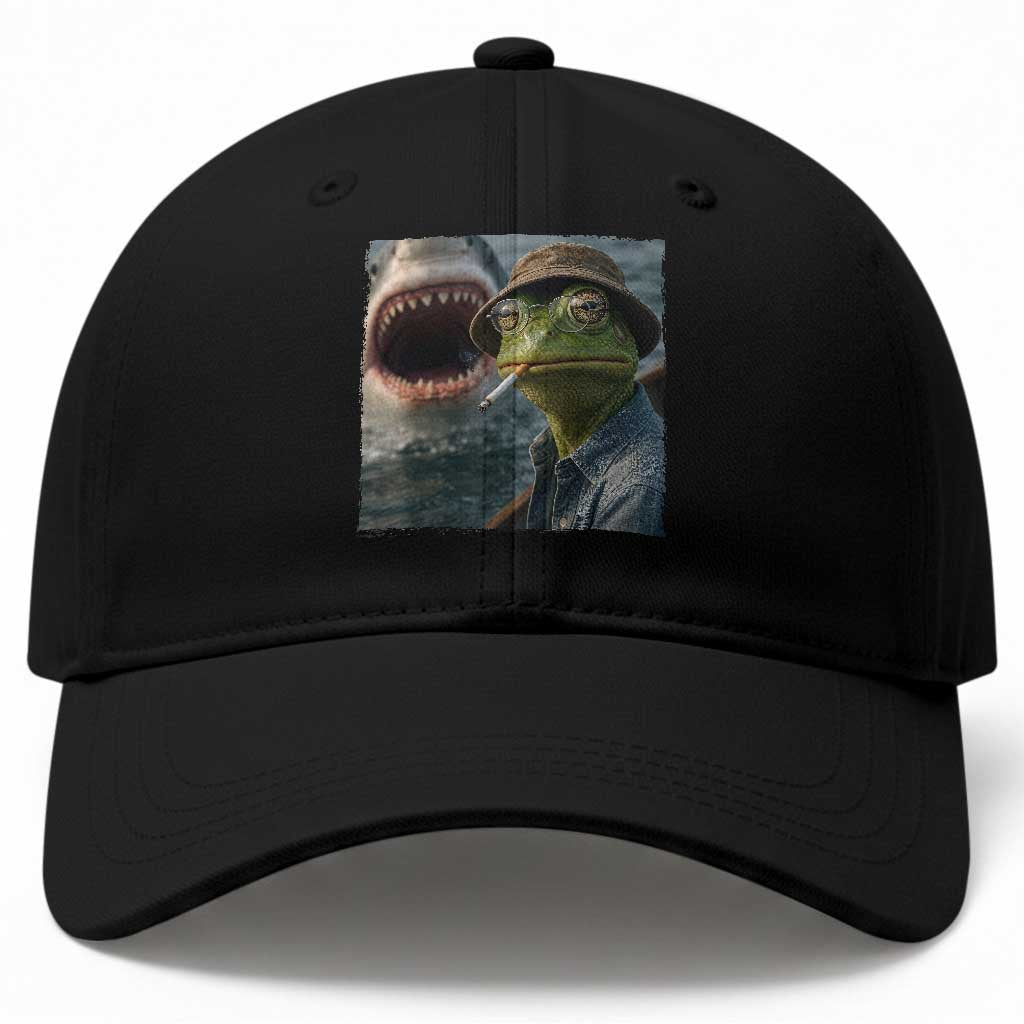 Unbothered Frog Smoking Cigarette Meme Baseball Cap Cinematic Shark Attack Calmness Graphic Dark Humor TS02 Print Your Wear