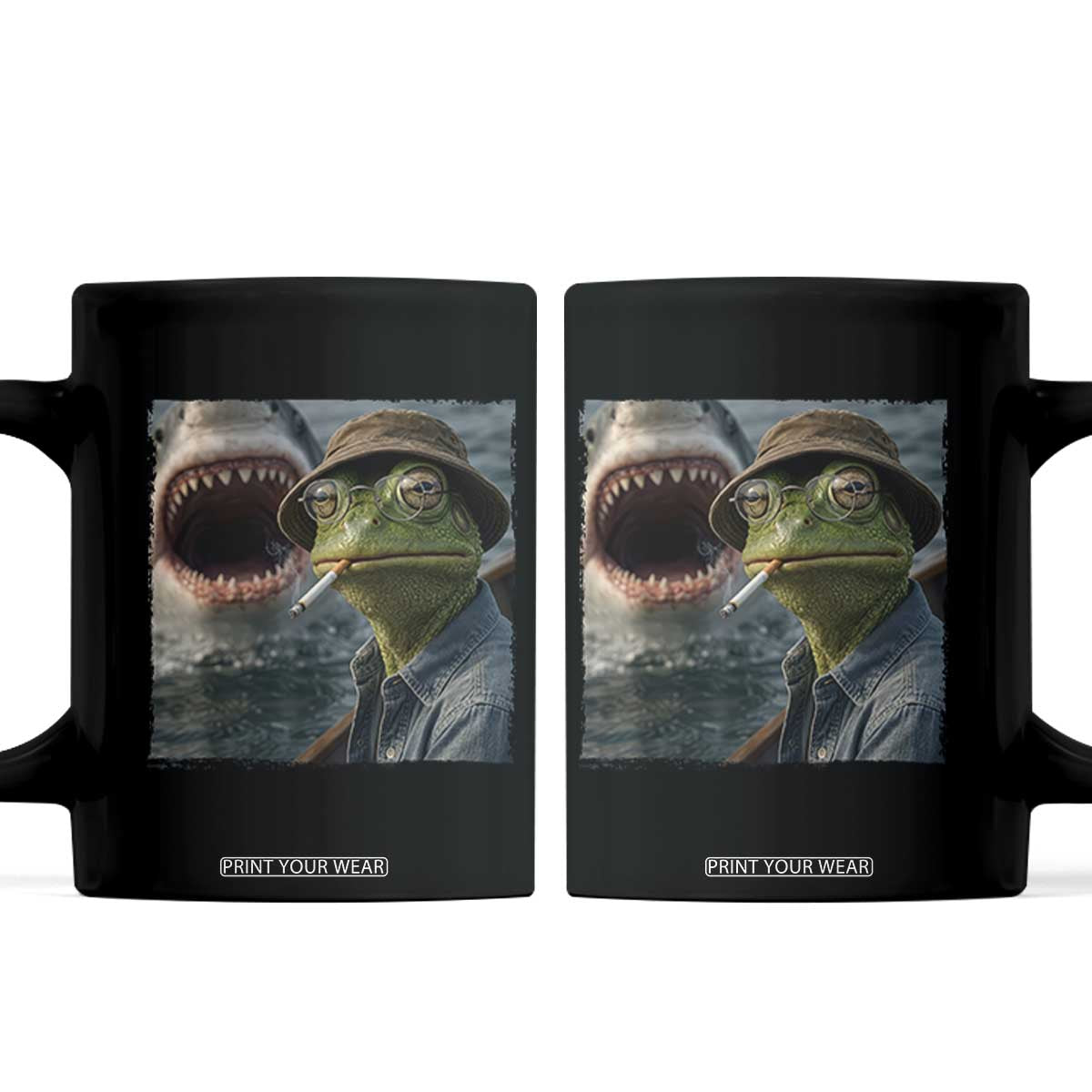 Unbothered Frog Smoking Cigarette Meme Coffee Mug Cinematic Shark Attack Calmness Graphic Dark Humor TS02 Black Print Your Wear