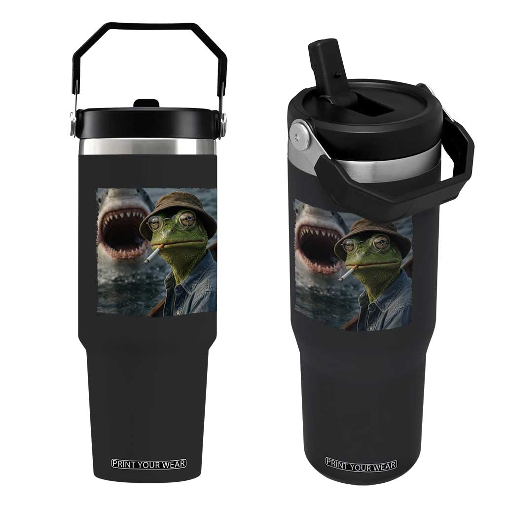 Unbothered Frog Smoking Cigarette Meme Flip Straw Tumbler Cinematic Shark Attack Calmness Graphic Dark Humor TS02 One Size: 30 oz Black Print Your Wear