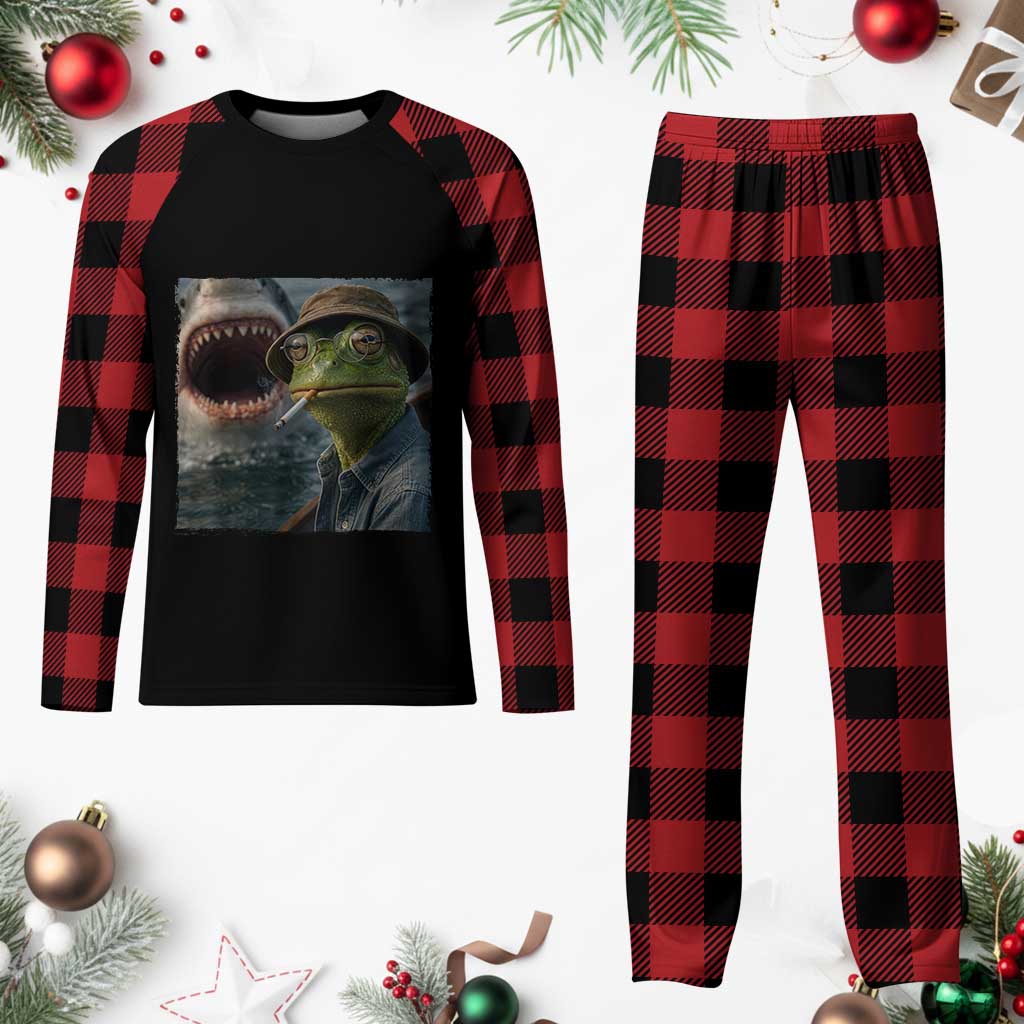Unbothered Frog Smoking Cigarette Meme Plaid Pajama Set Cinematic Shark Attack Calmness Graphic Dark Humor TS02 Buffalo Plaid Print Your Wear