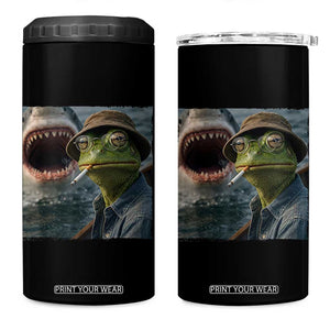 Unbothered Frog Smoking Cigarette Meme 4 in 1 Can Cooler Tumbler Cinematic Shark Attack Calmness Graphic Dark Humor