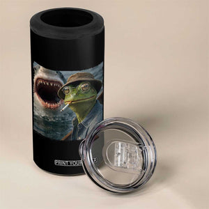 Unbothered Frog Smoking Cigarette Meme 4 in 1 Can Cooler Tumbler Cinematic Shark Attack Calmness Graphic Dark Humor