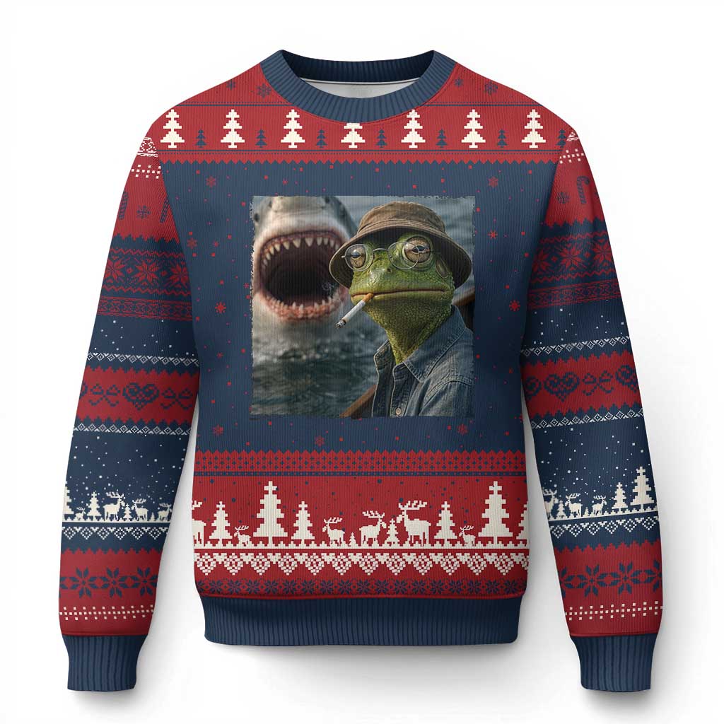 Unbothered Frog Smoking Cigarette Meme Ugly Christmas Sweater Cinematic Shark Attack Calmness Graphic Dark Humor TS02 Navy Red Print Your Wear