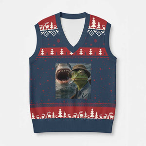 Unbothered Frog Smoking Cigarette Meme V-Neck Knit Sweater Vest Cinematic Shark Attack Calmness Graphic Dark Humor