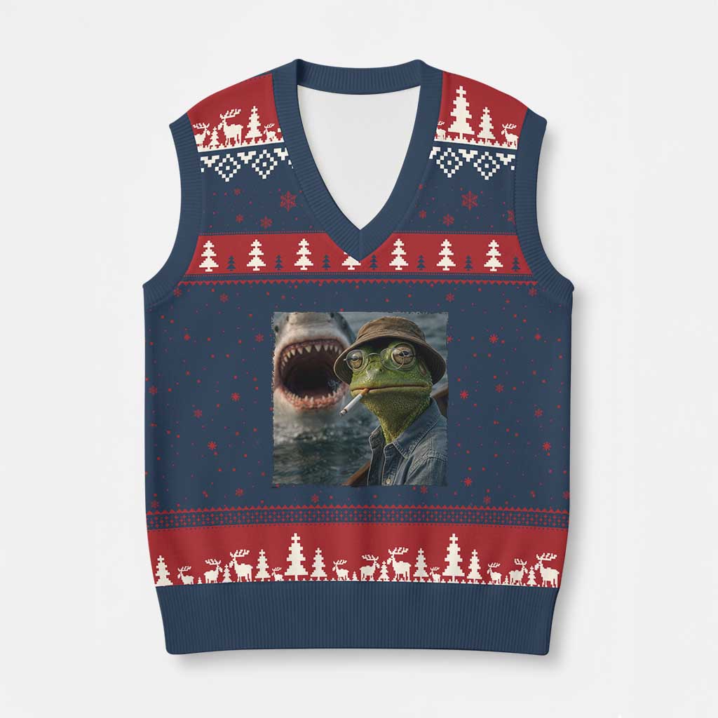 Unbothered Frog Smoking Cigarette Meme V-Neck Knit Sweater Vest Cinematic Shark Attack Calmness Graphic Dark Humor TS02 Navy Red Print Your Wear