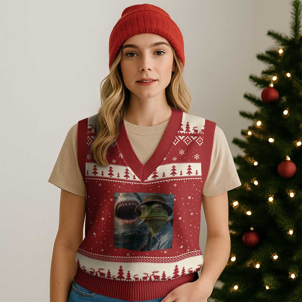 Unbothered Frog Smoking Cigarette Meme V-Neck Knit Sweater Vest Cinematic Shark Attack Calmness Graphic Dark Humor