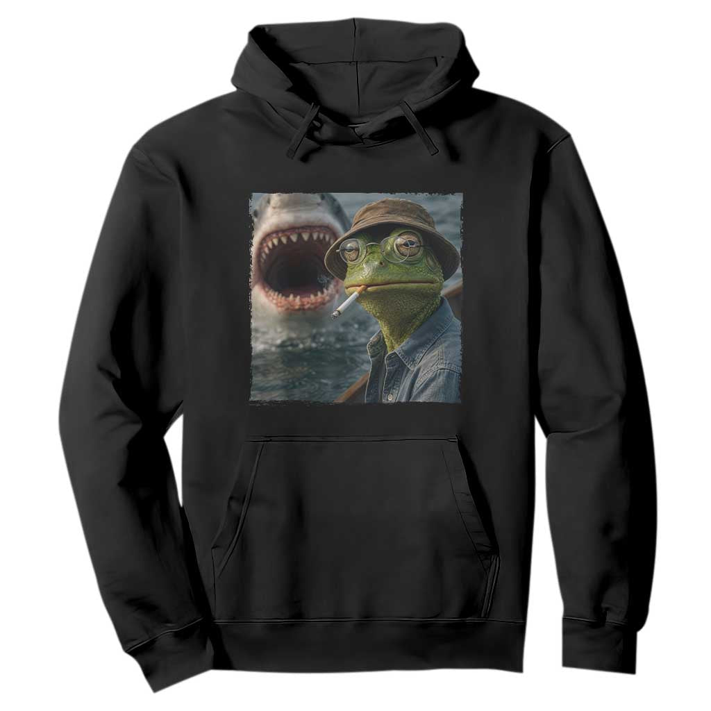 Unbothered Frog Smoking Cigarette Meme Hoodie Cinematic Shark Attack Calmness Graphic Dark Humor TS02 Black Print Your Wear