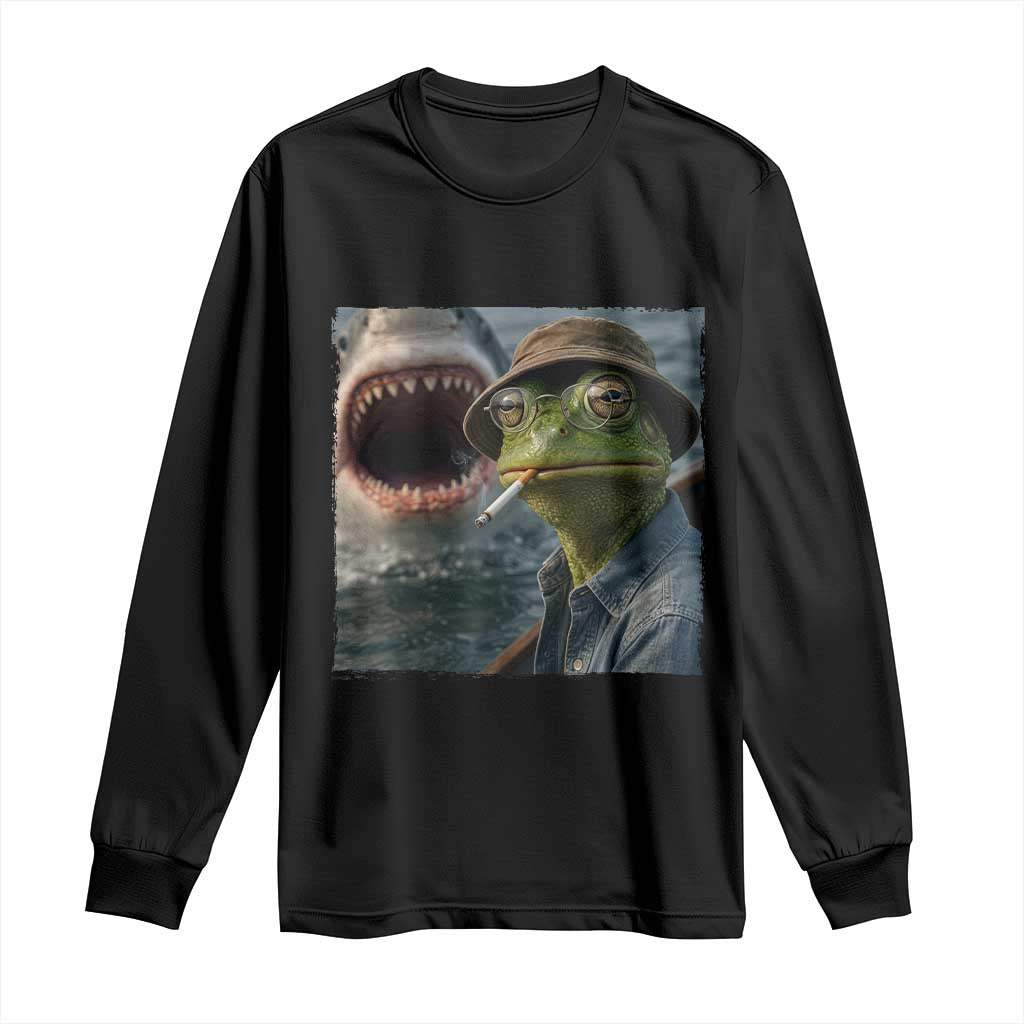 Unbothered Frog Smoking Cigarette Meme Long Sleeve Shirt Cinematic Shark Attack Calmness Graphic Dark Humor TS02 Black Print Your Wear