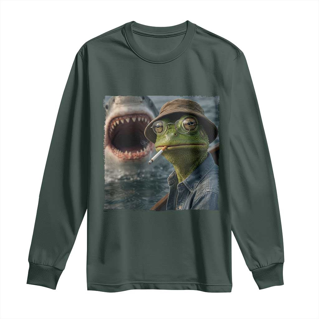 Unbothered Frog Smoking Cigarette Meme Long Sleeve Shirt Cinematic Shark Attack Calmness Graphic Dark Humor