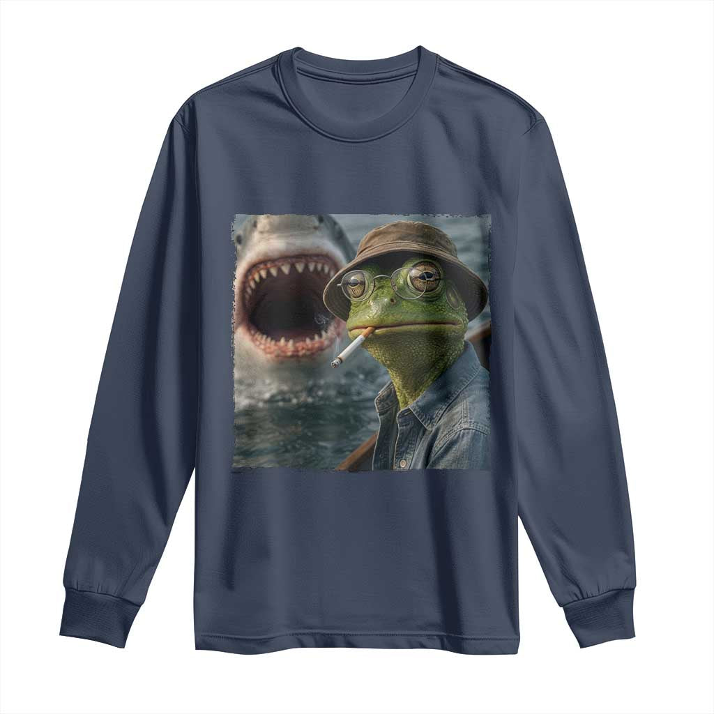 Unbothered Frog Smoking Cigarette Meme Long Sleeve Shirt Cinematic Shark Attack Calmness Graphic Dark Humor