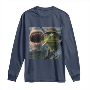 Unbothered Frog Smoking Cigarette Meme Long Sleeve Shirt Cinematic Shark Attack Calmness Graphic Dark Humor