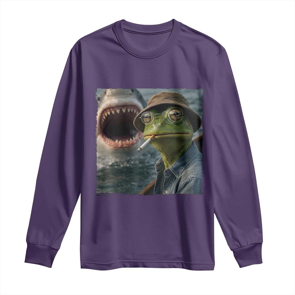 Unbothered Frog Smoking Cigarette Meme Long Sleeve Shirt Cinematic Shark Attack Calmness Graphic Dark Humor