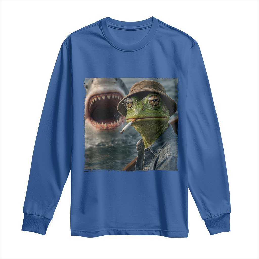 Unbothered Frog Smoking Cigarette Meme Long Sleeve Shirt Cinematic Shark Attack Calmness Graphic Dark Humor