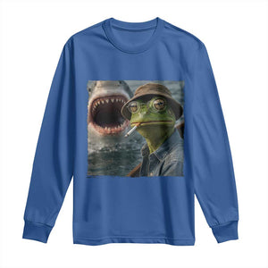 Unbothered Frog Smoking Cigarette Meme Long Sleeve Shirt Cinematic Shark Attack Calmness Graphic Dark Humor
