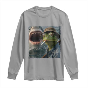 Unbothered Frog Smoking Cigarette Meme Long Sleeve Shirt Cinematic Shark Attack Calmness Graphic Dark Humor