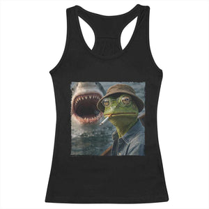 Unbothered Frog Smoking Cigarette Meme Racerback Tank Top Cinematic Shark Attack Calmness Graphic Dark Humor