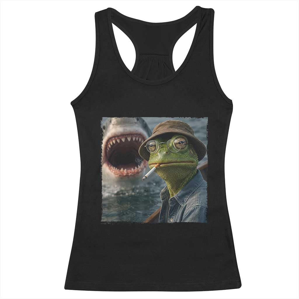 Unbothered Frog Smoking Cigarette Meme Racerback Tank Top Cinematic Shark Attack Calmness Graphic Dark Humor TS02 Black Print Your Wear