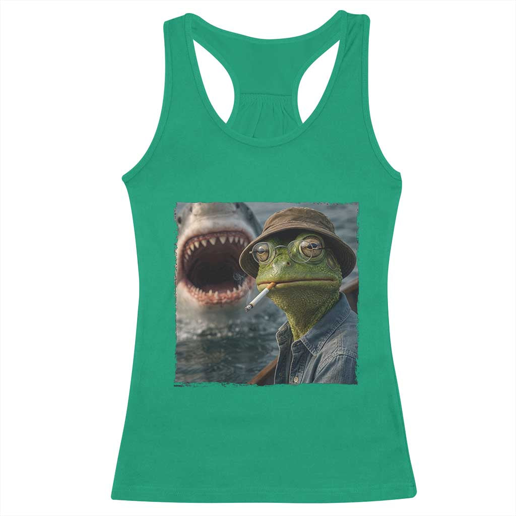 Unbothered Frog Smoking Cigarette Meme Racerback Tank Top Cinematic Shark Attack Calmness Graphic Dark Humor