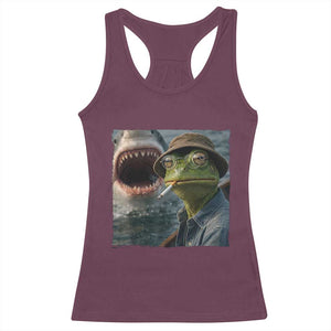 Unbothered Frog Smoking Cigarette Meme Racerback Tank Top Cinematic Shark Attack Calmness Graphic Dark Humor