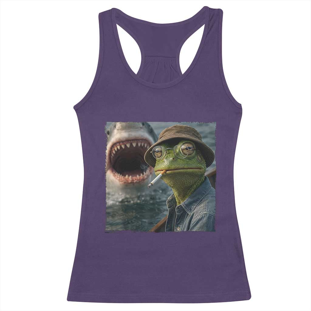 Unbothered Frog Smoking Cigarette Meme Racerback Tank Top Cinematic Shark Attack Calmness Graphic Dark Humor