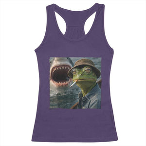 Unbothered Frog Smoking Cigarette Meme Racerback Tank Top Cinematic Shark Attack Calmness Graphic Dark Humor