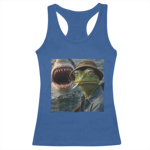 Unbothered Frog Smoking Cigarette Meme Racerback Tank Top Cinematic Shark Attack Calmness Graphic Dark Humor