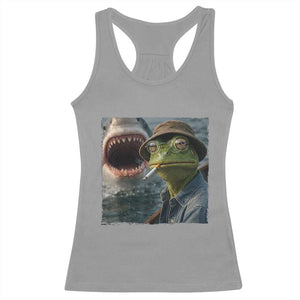 Unbothered Frog Smoking Cigarette Meme Racerback Tank Top Cinematic Shark Attack Calmness Graphic Dark Humor