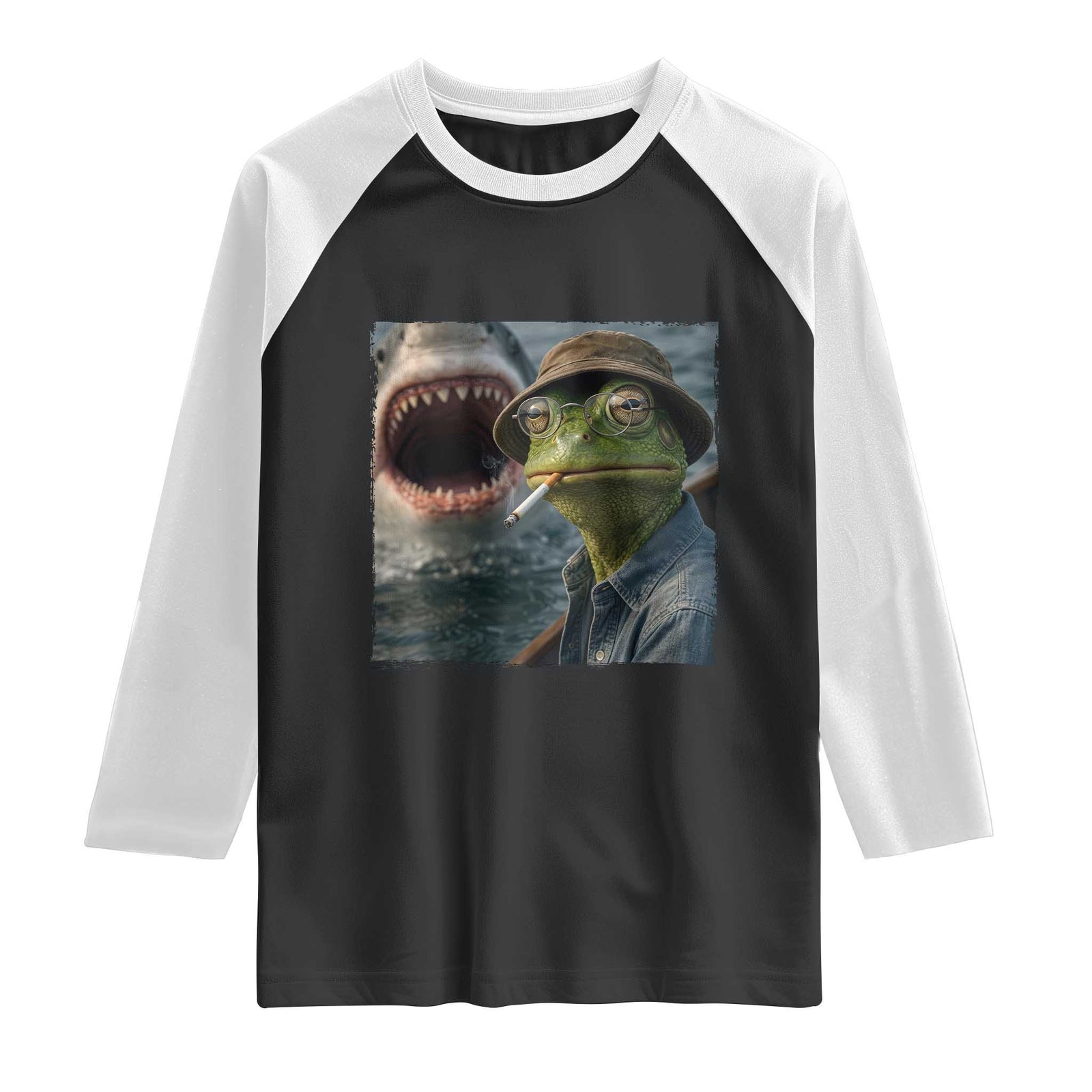 Unbothered Frog Smoking Cigarette Meme Raglan Shirt Cinematic Shark Attack Calmness Graphic Dark Humor TS02 Black White Print Your Wear